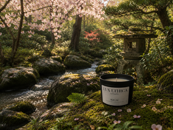 Ikigai candle in a japanese forest