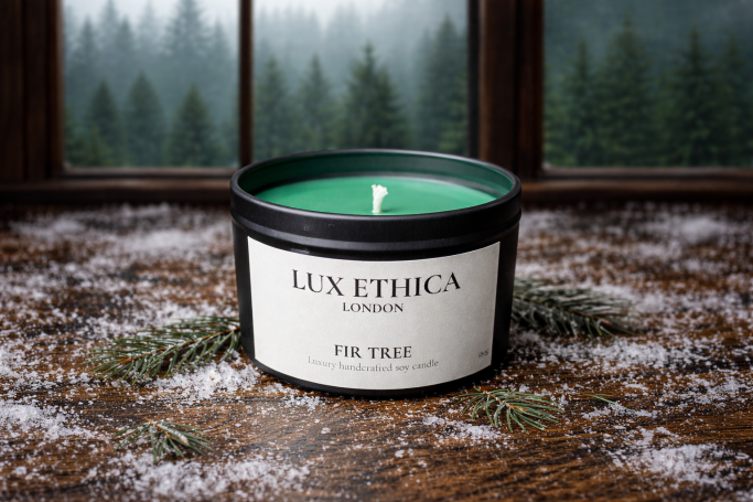 Fir Tree green candle on a wooden table