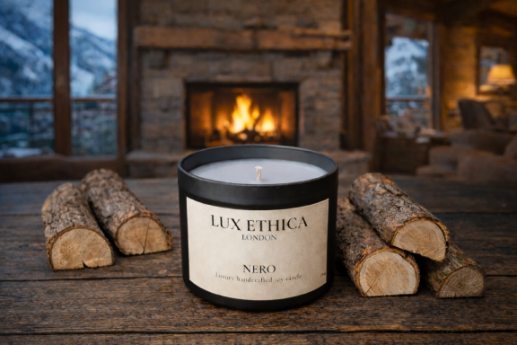 Nero A candle beside logs in a cosy cabin, with a fireplace glowing in the background.