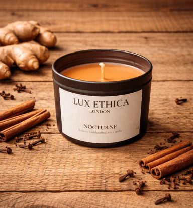 Nocturne Candle surrounded by ginger, cinnamon sticks, and cloves on a wooden table.