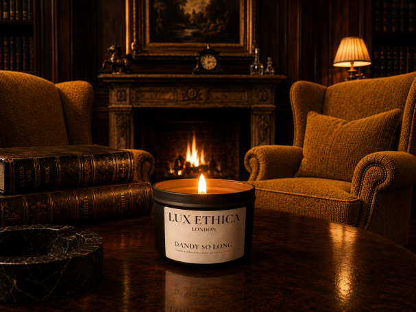 Dandy So Long lit candle in a antique sitting room